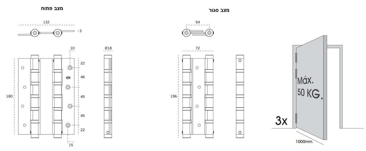 ציר קפיצי דו כיווני נירוסטה 180 מ״מ - שרטוט